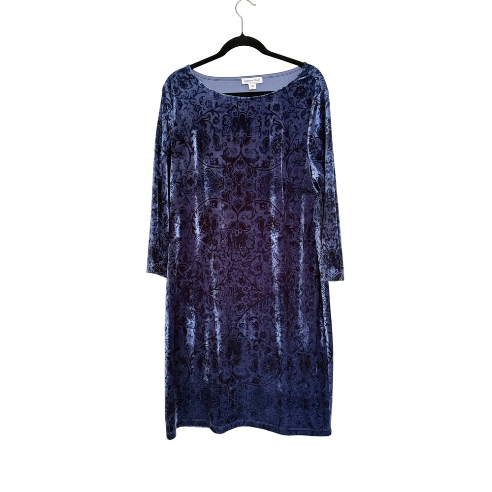 Coldwater Creek Blue Velvet Damask Burnout Sheath Dress 3/4 Sleeve XL